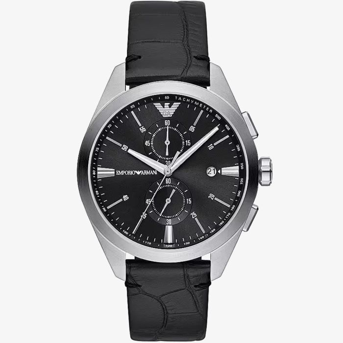 Emporio Armani Claudio Chronograph Black Dial Black Leather Strap Watch For Men - AR11542