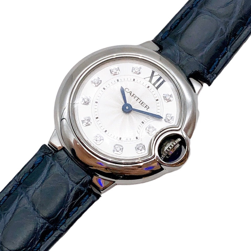 Cartier Ballon Bleu de Cartier Diamonds Silver Dial Black Leather Strap Watch for Women - W4BB0008