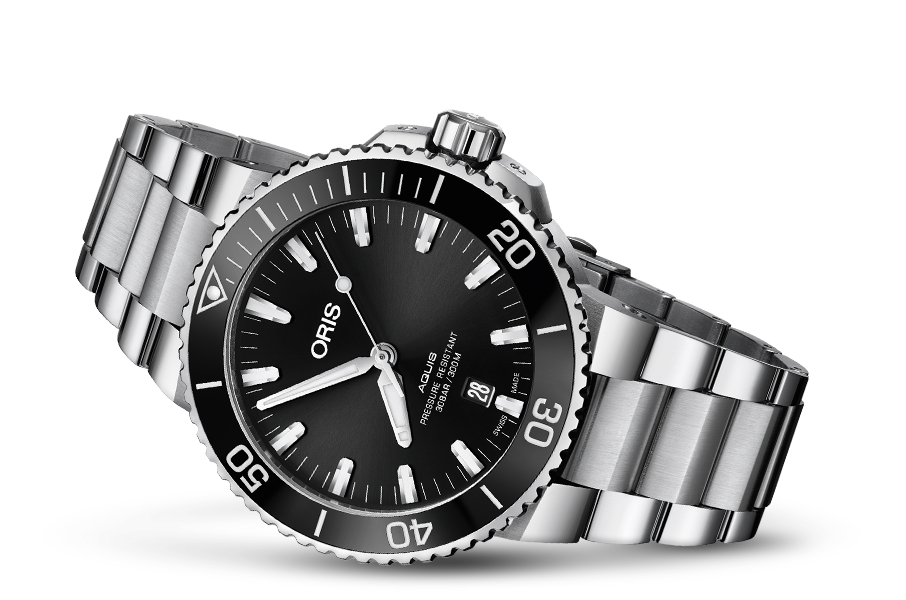 Oris Aquis Date Black Dial Silver Steel Strap Watch for Men - 0173377304134-0782405PEB