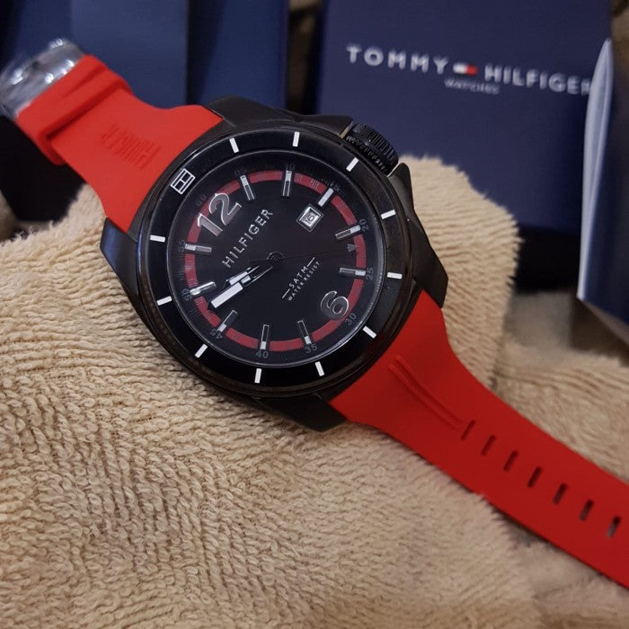 Tommy Hilfiger Windsurf Black Dial Red Rubber Strap Watch for Men - 1791112