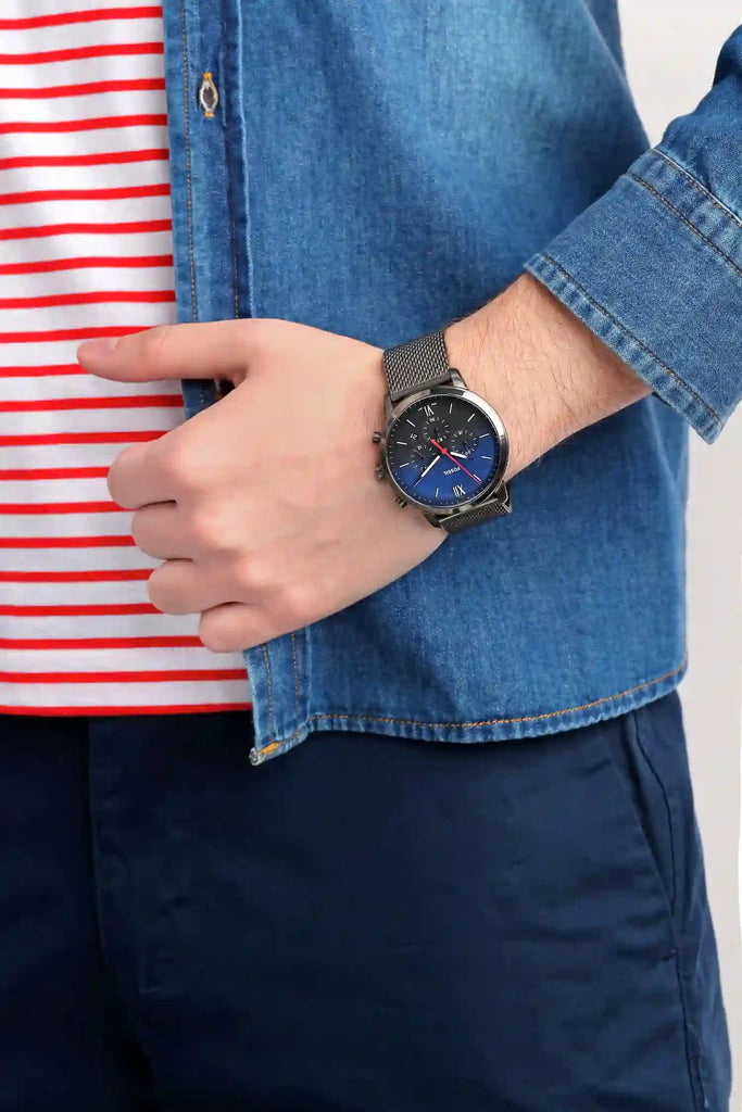 Fossil Neutra Chronograph Blue Dial Silver Mesh Bracelet Watch for Men - FS5383