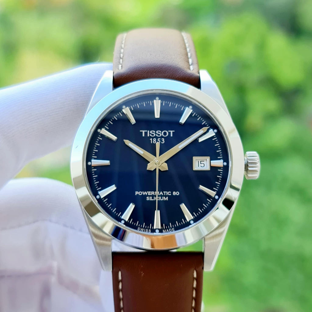 Tissot Gentlemen Powermatic 80 Silicium Blue Dial Brown Leather Strap Watch For Men - T127.407.16.041.00