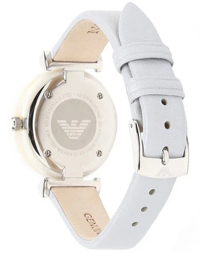 Emporio Armani Gianni T-Bar Mother Of Pearl White Dial Grey Leather Strap Watch For Women - AR11039