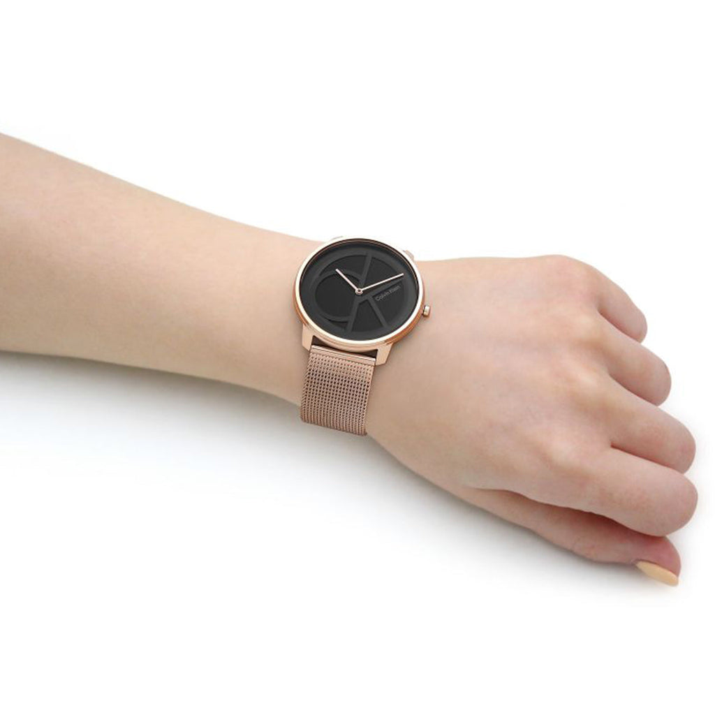 Calvin Klein Minimal Black Dial Rose Gold Mesh Bracelet Watch for Men - K3M21621