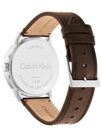 Calvin Klein Minimal Silver Dial Brown Leather Strap Watch for Men - K3M221G6