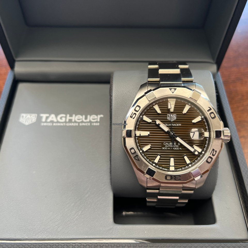 Tag Heuer Aquaracer Calibre 5 Automatic Brown Sunray Dial Silver Steel Strap Watch for Men - WAY2018.BA0927