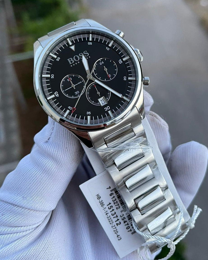 Hugo Boss Pioneer Black Dial Silver Steel Strap Watch for Men - 1513712