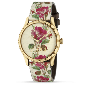 Gucci G Timeless Floral Gold Dial White Leather Strap Watch For Women - YA1264084