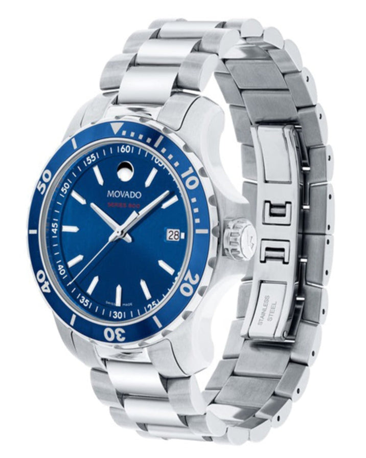 Movado Series 800 Blue Dial Silver Steel Strap Watch For Men - 2600137