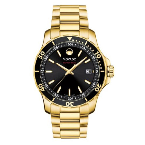 Movado Series 800 Black Dial Gold Steel Strap Watch For Men - 2600145