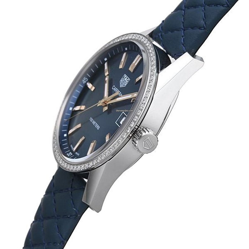 Tag Heuer Carrera Quartz Diamonds Blue Dial Blue Leather Strap Watch for Women - WAR1114.FC6391