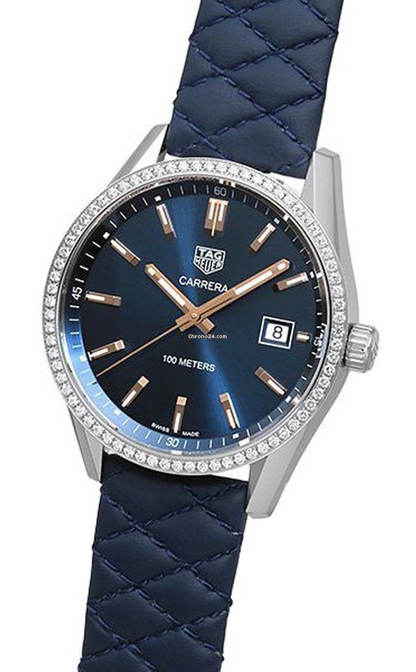 Tag Heuer Carrera Quartz Diamonds Blue Dial Blue Leather Strap Watch for Women - WAR1114.FC6391