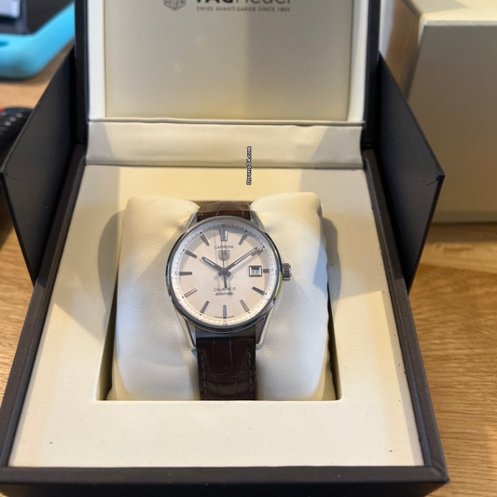 Tag Heuer Carrera Calibre 5 Automatic White Dial Brown Leather Strap Watch for Men - WAR201B.FC6291