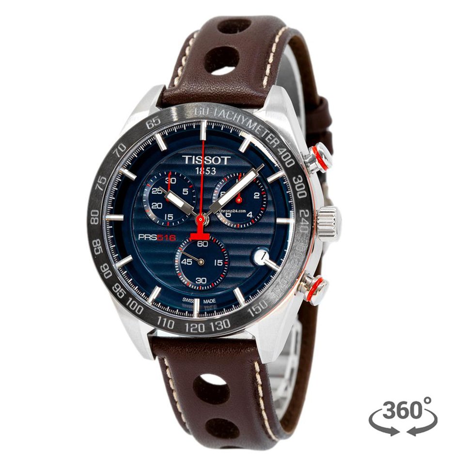 Tissot PRS 516 Chronograph Blue Dial Brown Leather Strap Watch For Men - T100.417.16.041.00