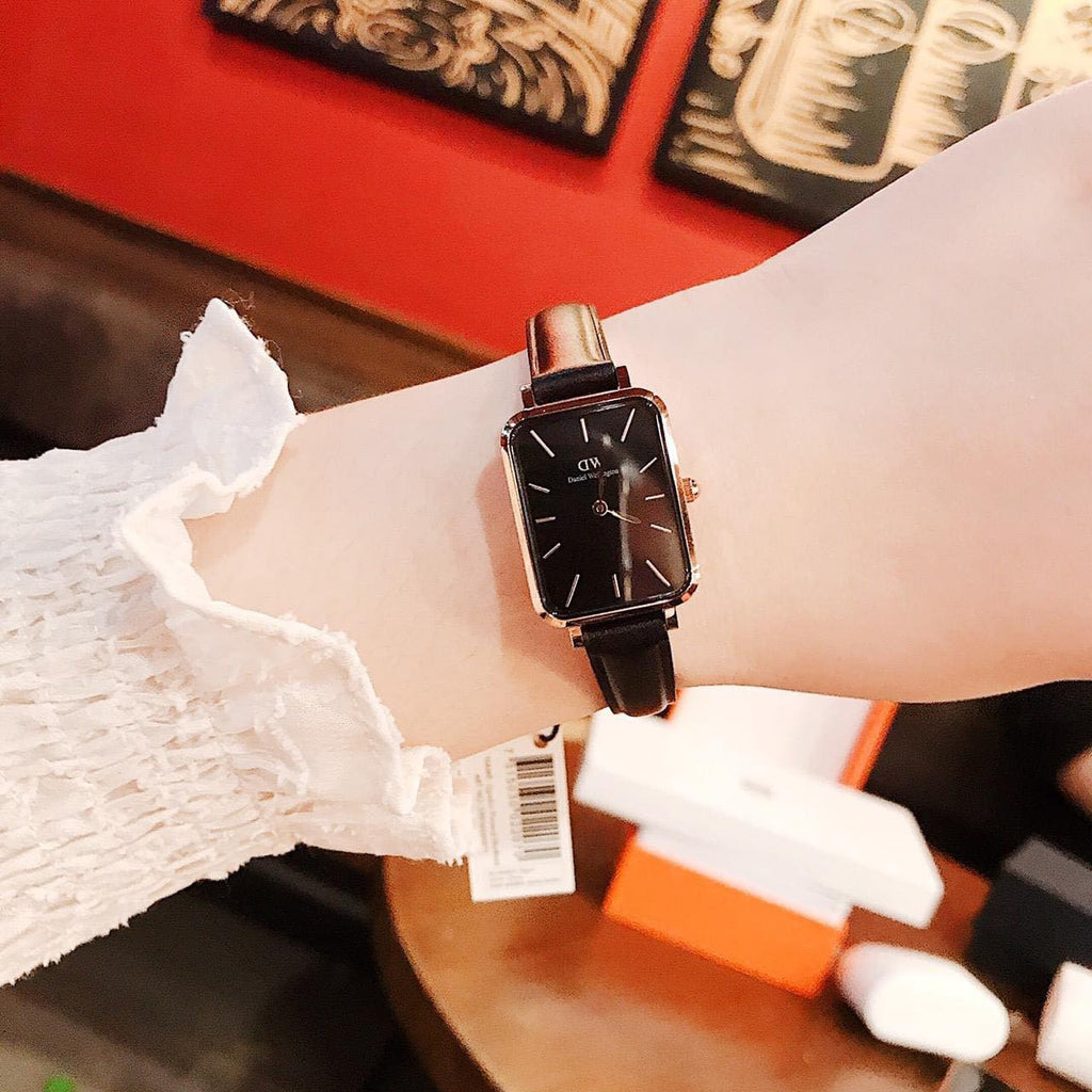 Daniel Wellington Quadro Sheffield Black Dial Black Leather Strap Watch For Women - DW00100435