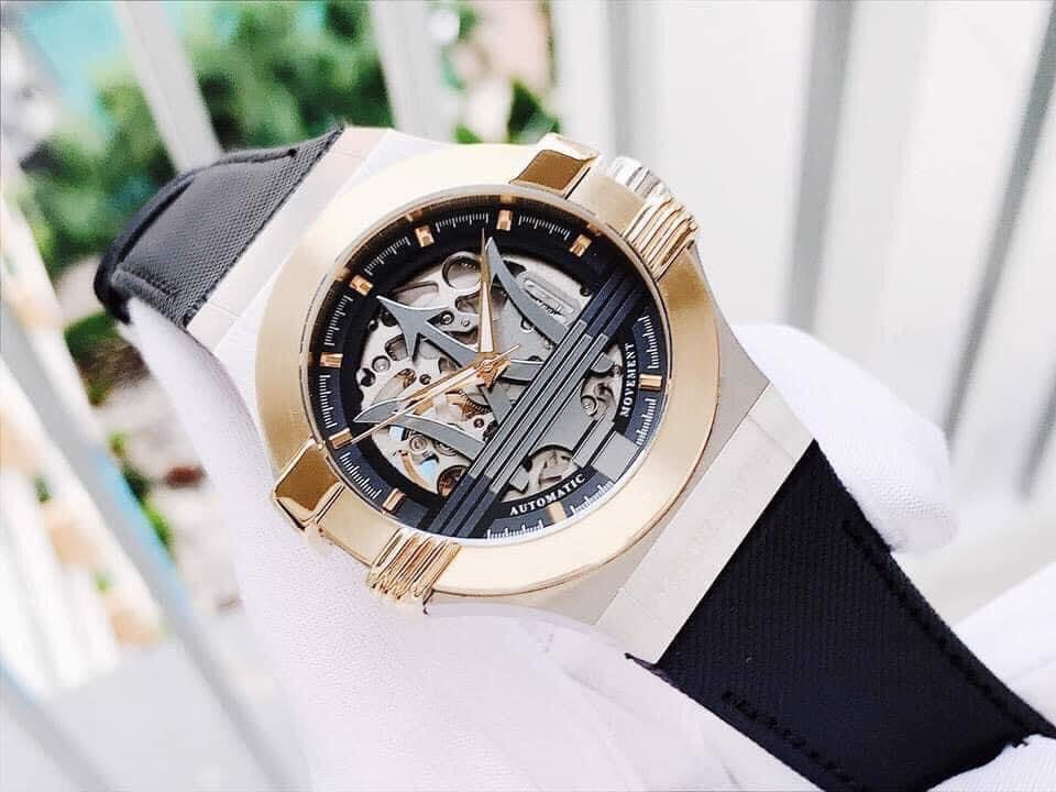 Maserati Potenza Automatic Skeleton Dial Black Leather Strap Watch For Men - R8821108011