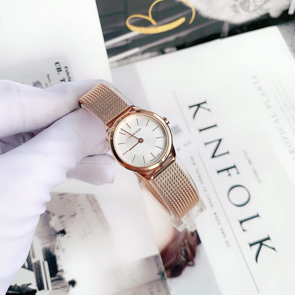 Calvin Klein Minimal White Dial Rose Gold Mesh Bracelet Watch for Women - K3M23626
