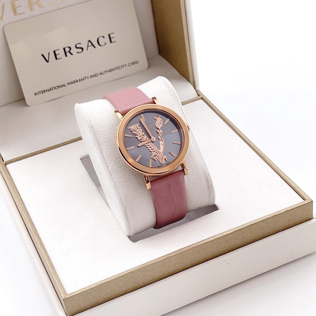 Versace Virtus Quartz Grey Dial Pink Leather Strap Watch for Women - VEHC00319