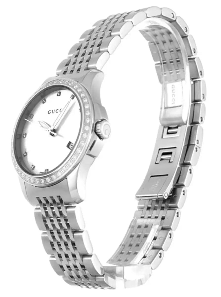 Gucci G Timeless Diamonds Mother of Pearl Dial Silver Mesh Bracelet Watch For Women - YA126508