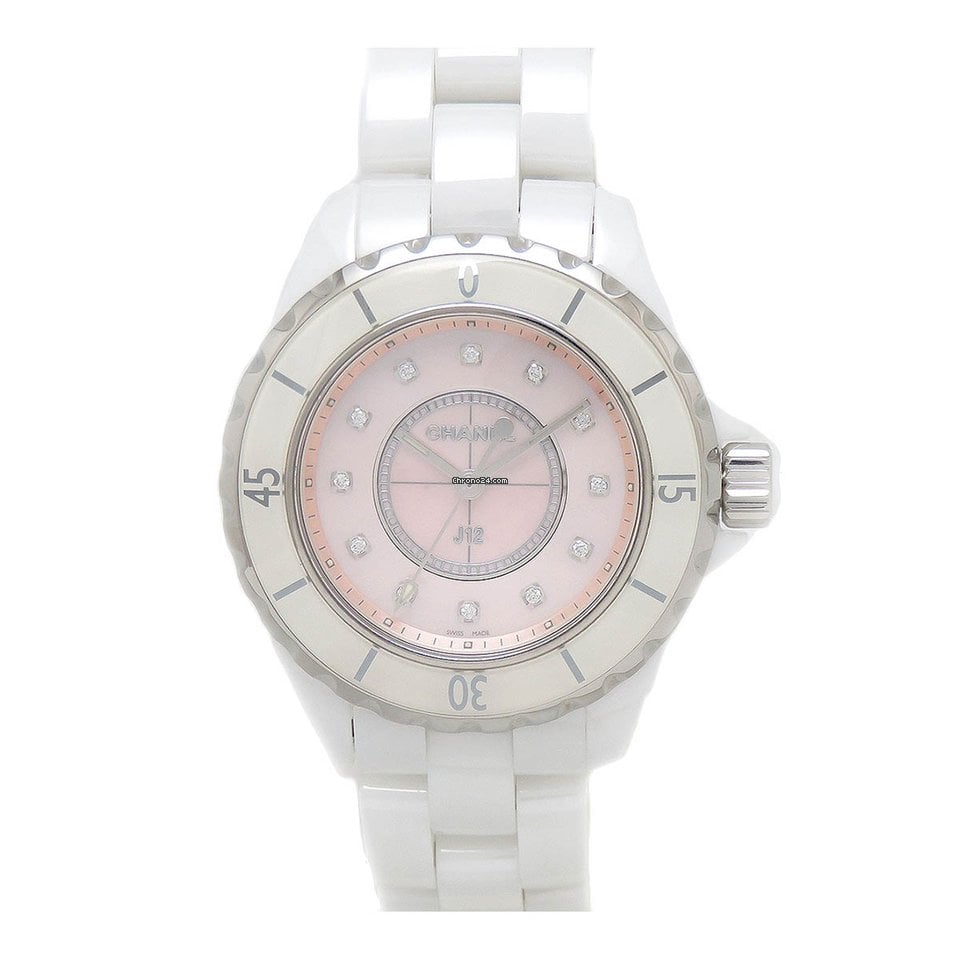 Chanel J12 Quartz Diamonds Pink Dial White Steel Strap Watch for Women - J12 H5513