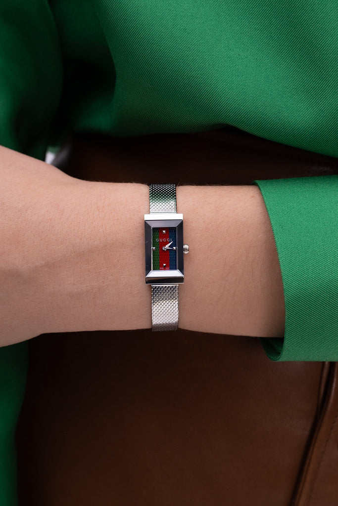 Gucci G Frame Quartz Diamonds Green & Red Mother of Pearl Dial Silver Mesh Bracelet Watch For Women - YA147510