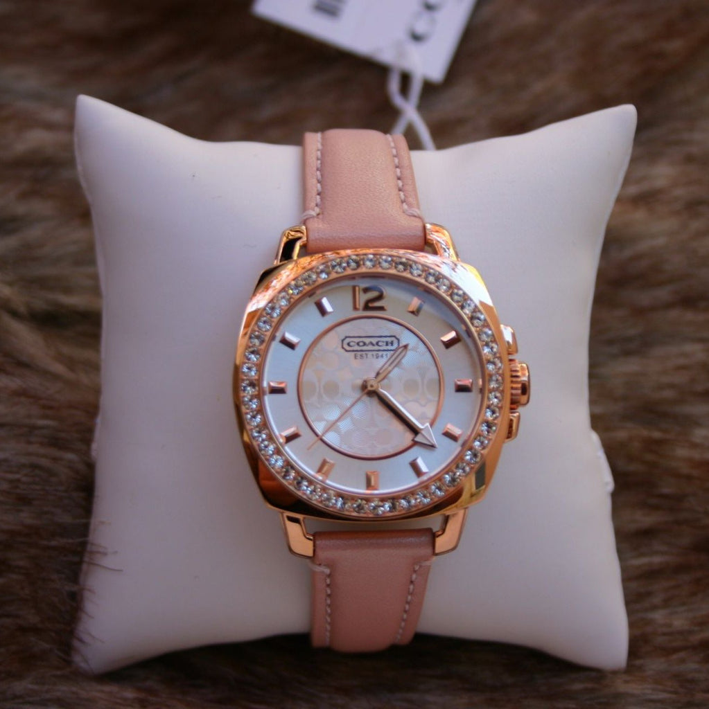 Coach Boyfriend Mother of Pearl White Dial Pink Leather Strap Watch for Women - 14503151