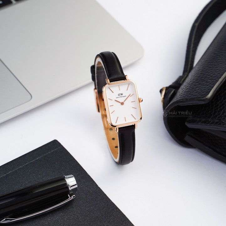 Daniel Wellington Quadro White Dial Black Leather Strap Watch For Women - DW00100434