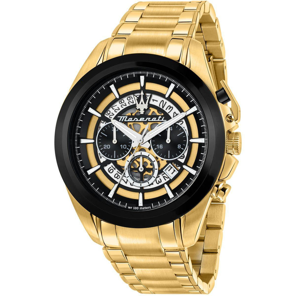 Maserati Traguardo Skeleton Black Dial Gold Steel Strap Watch For Men - R8873612058