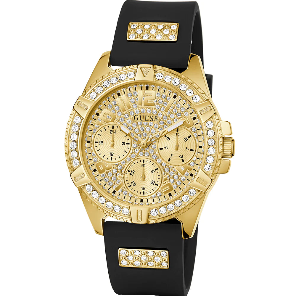 Guess Frontier Diamonds Gold Dial Black Rubber Strap Watch For Women - W1160L1