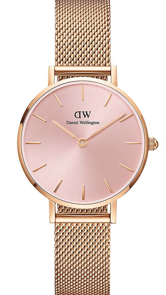 Daniel Wellington Petite Melrose Pink Dial Rose Gold Mesh Strap Watch For Women - DW00100368