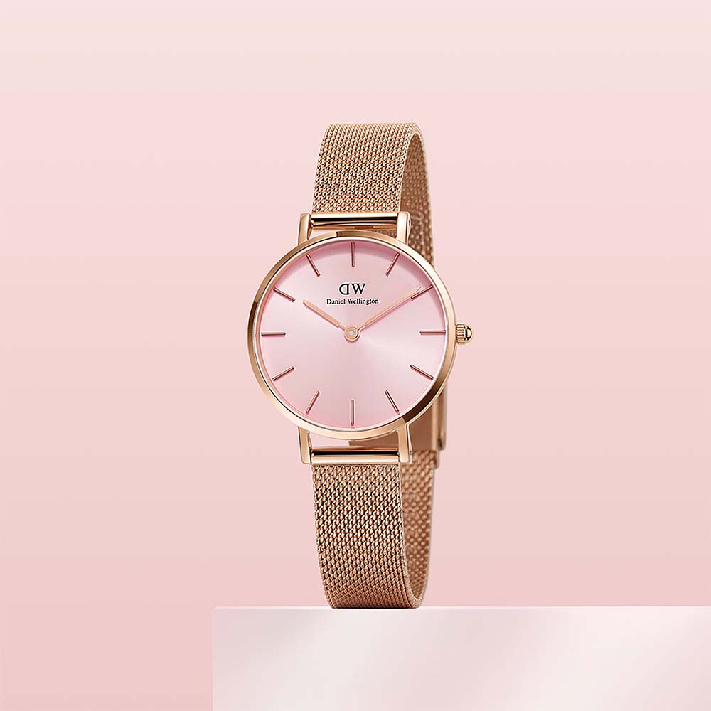 Daniel Wellington Petite Melrose Pink Dial Rose Gold Mesh Strap Watch For Women - DW00100367