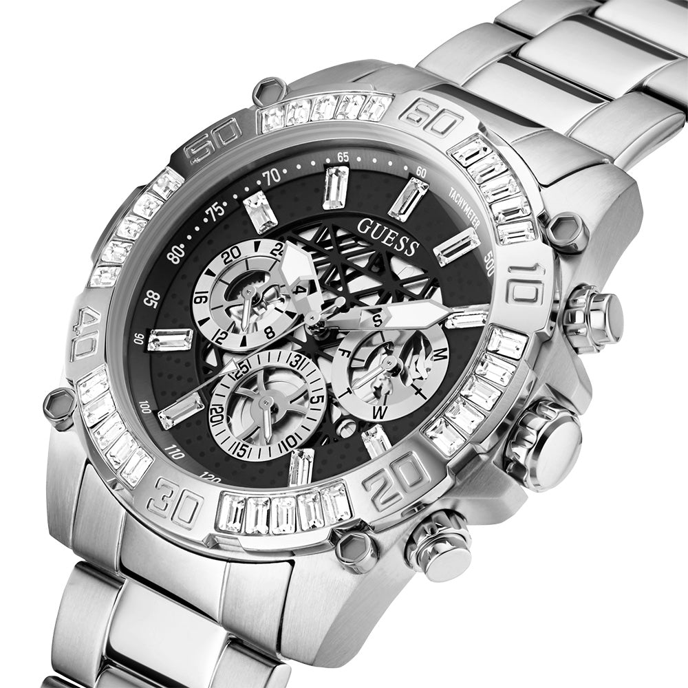 Guess Trophy Chronograph Diamonds Black Dial Silver Steel Strap Watch for Men - GW0390G1