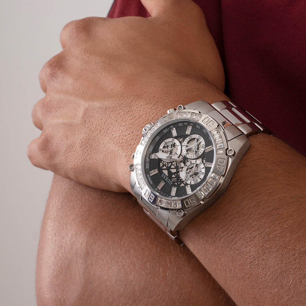 Guess Trophy Chronograph Diamonds Black Dial Silver Steel Strap Watch for Men - GW0390G1