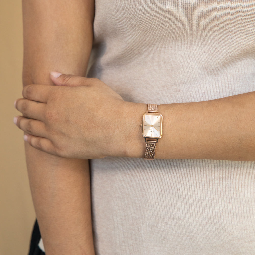Daniel Wellington Quadro Unitone Rose Gold Dial Rose Gold Mesh Strap Watch For Women - DW00100484