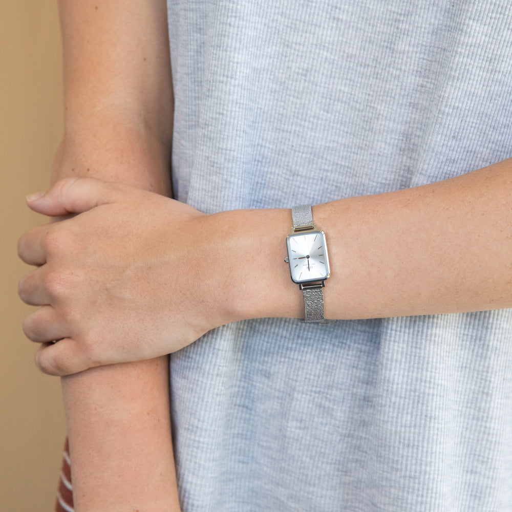 Daniel Wellington Quadro Unitone Silver Dial Silver Mesh Strap Watch For Women - DW00100486