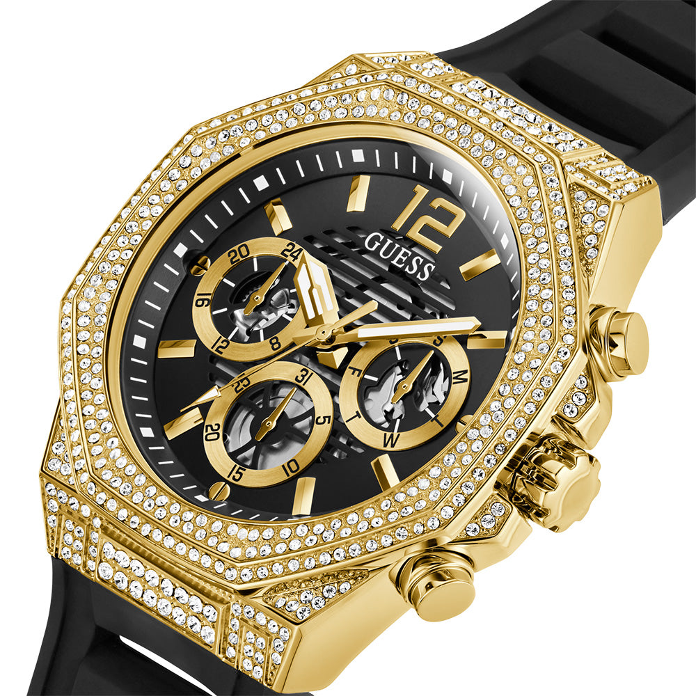 Guess Momentum Chronograph Diamonds Black Dial Black Silicone Strap Watch For Men - GW0518G2