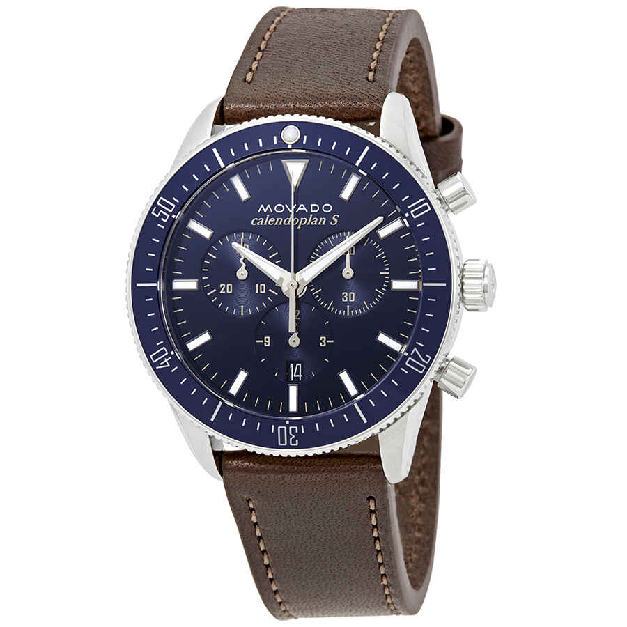 Movado Heritage 29mm Chronograph Blue Dial Brown Leather Strap Watch For Men - 3650061