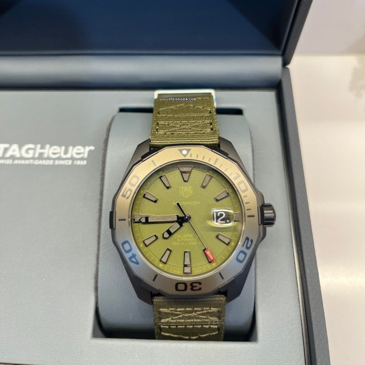 Tag Heuer Aquaracer Automatic Green Dial Khakhi Green Nylon Strap Watch for Men - WAY208E.FC8222