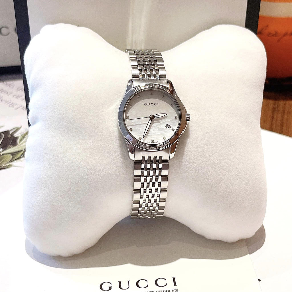 Gucci G Timeless Diamonds Mother of Pearl Dial Silver Steel Strap Watch For Women - YA126510