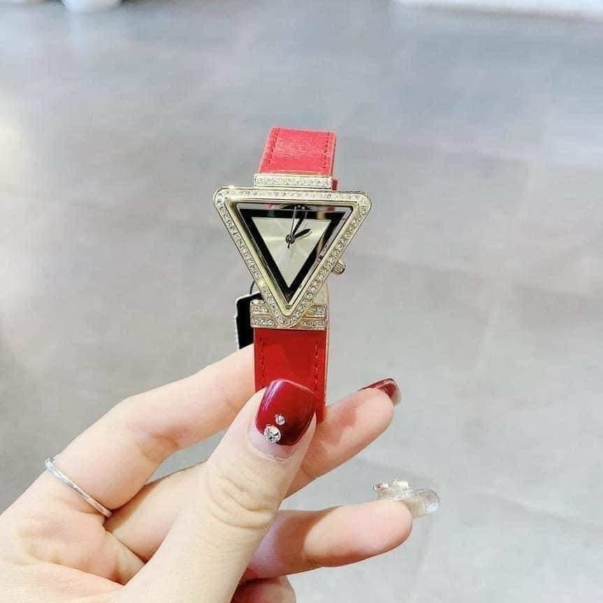 Guess Fame Quartz Gold Dial Red Leather Strap Watch For Women - GW0504L2