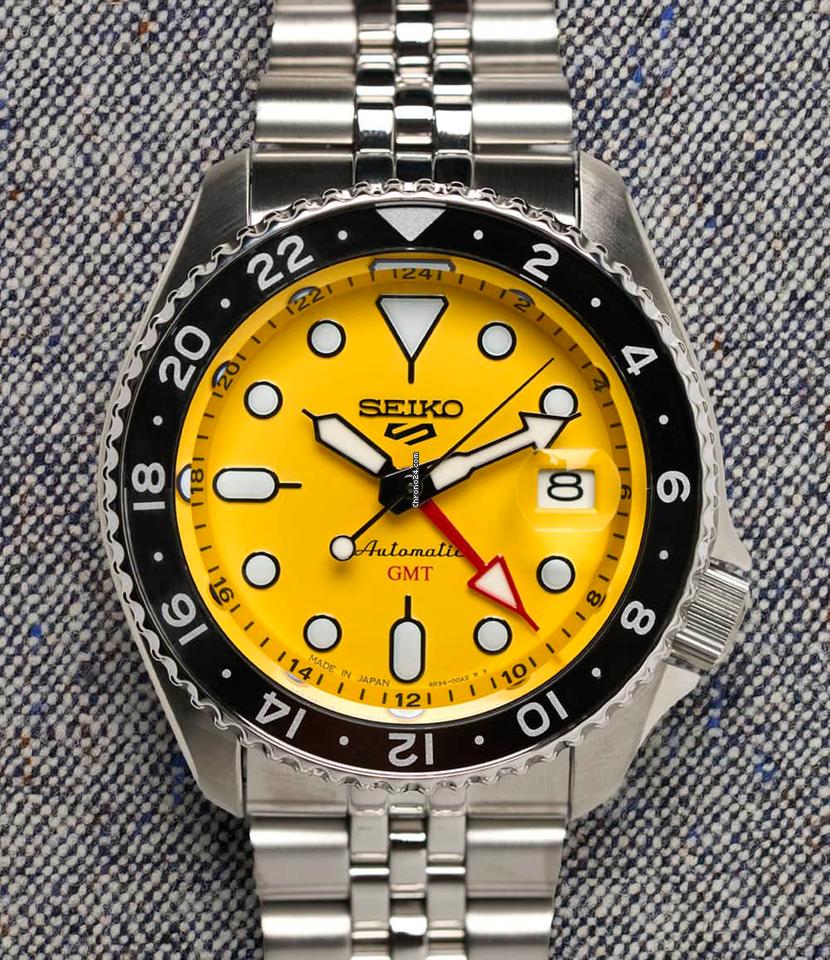 Seiko 5 Sport SKX GMT US Special Creation Automatic Yellow Dial Silver Steel Strap Watch for Men - SSK017K1