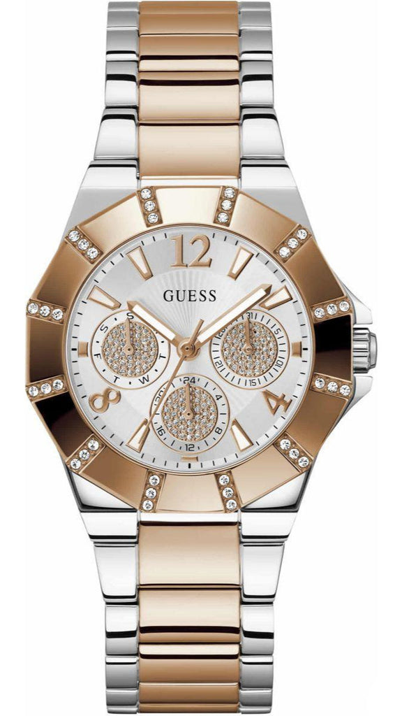 Guess Sunray Multifunction Crystals Silver Dial Two Tone Steel Strap Watch For Women - GW0616L3