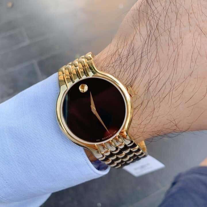 Movado Veturi Quartz Black Dial Gold Steel Strap Watch for Men - 0606934