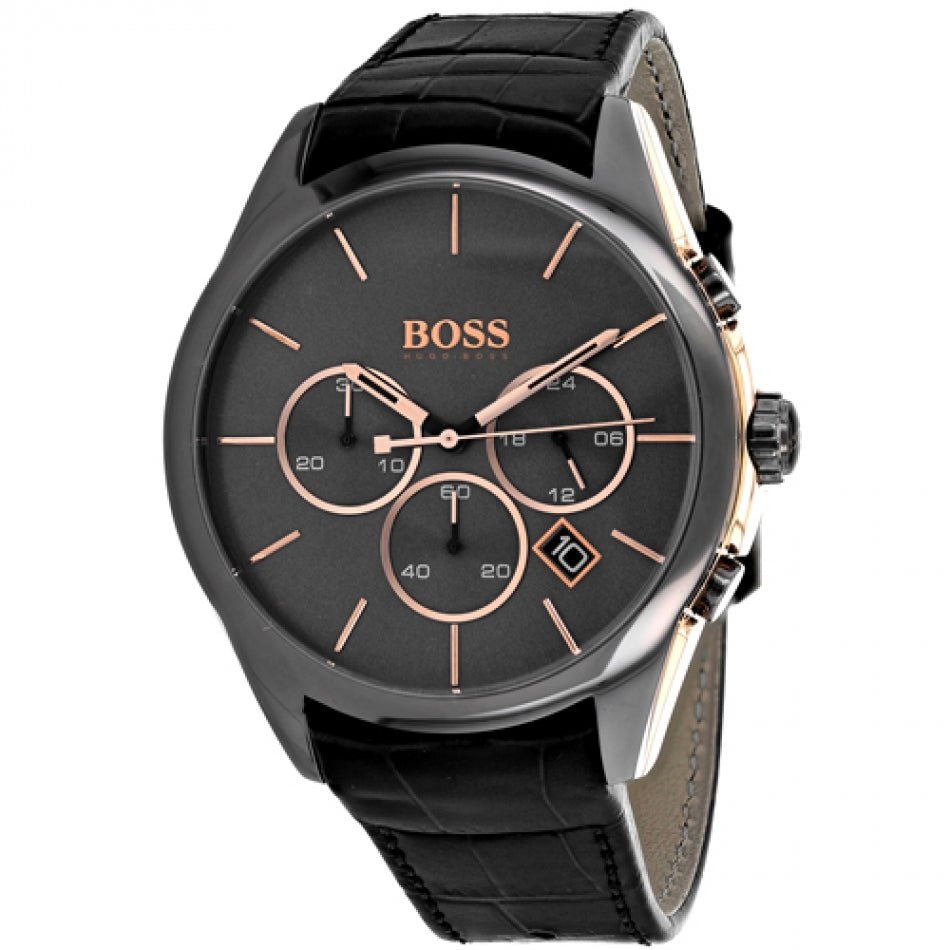 Hugo Boss Onyx Grey Dial Black Leather Strap Watch for Men - 1513366