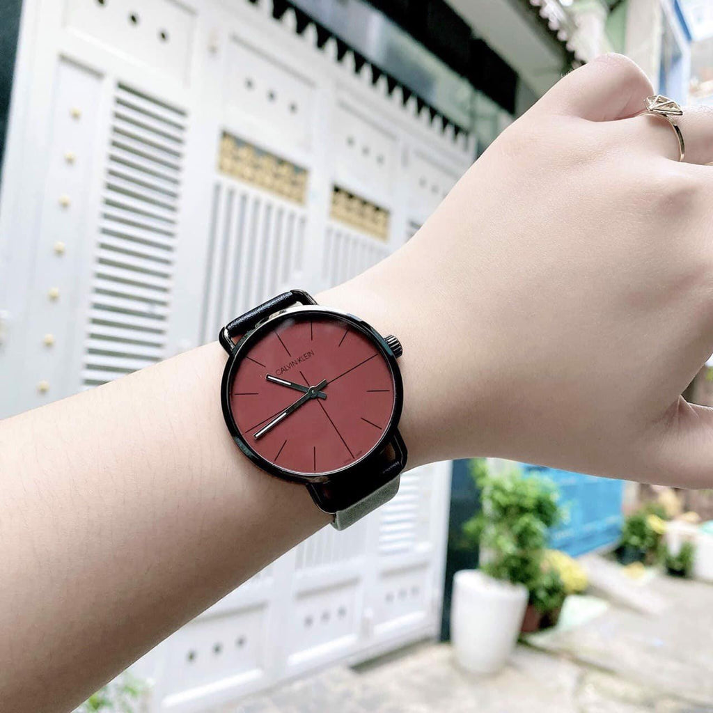 Calvin Klein Even Maroon Dial Black Leather Strap Watch for Men - K7B214CP