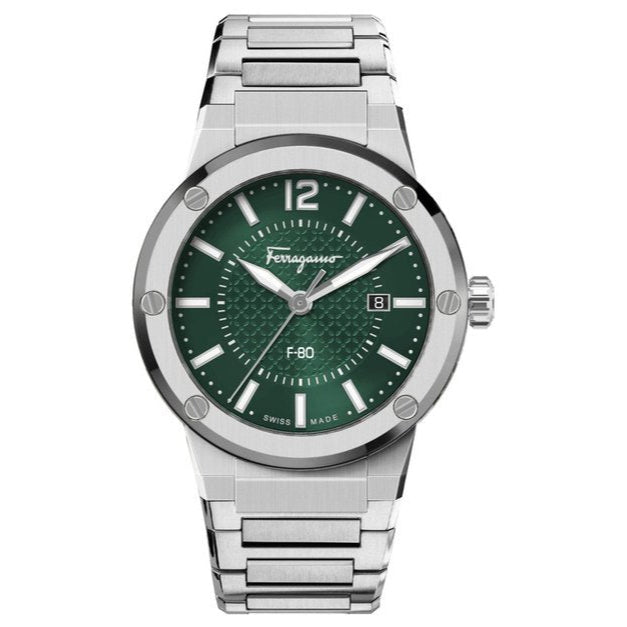 Salvatore Ferragamo F-80 Bracelet Green Dial Silver Steel Strap Watch For Men - SFHY00621