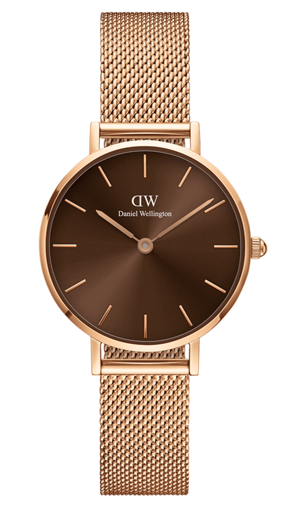 Daniel Wellington Petite Amber Brown Dial Rose Gold Mesh Strap Watch for Women - DW00100478