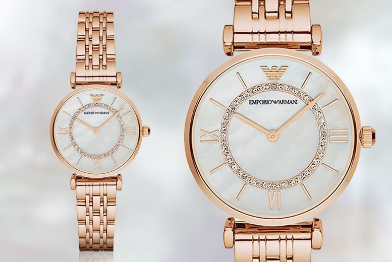 Emporio Armani Gianni T Bar Mother of Pearl Rose Gold Stainless Steel Strap Watch For Women - AR1909