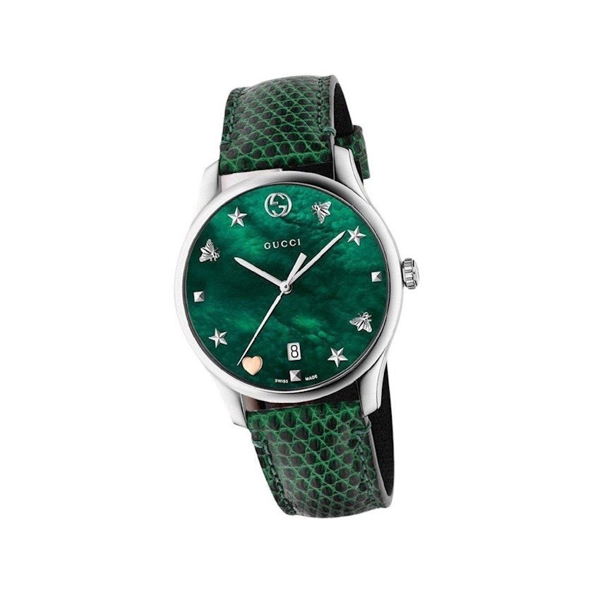 Gucci G-Timeless Green Mother of Pearl Dial Green Leather Strap Watch For Women - YA126585