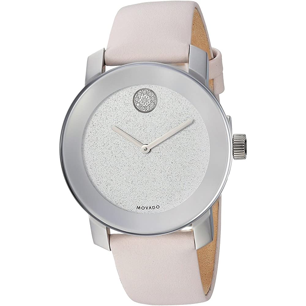 Movado Bold Glitter Silver Dial Pink Leather Strap Watch For Women - 3600522